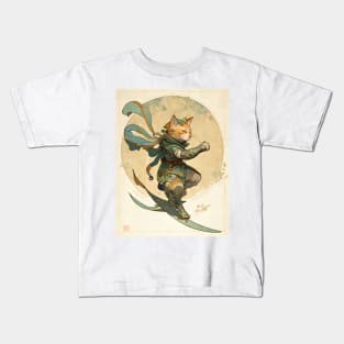 Fantasy Samurai Cat Surfer Art Nouveau Kids T-Shirt